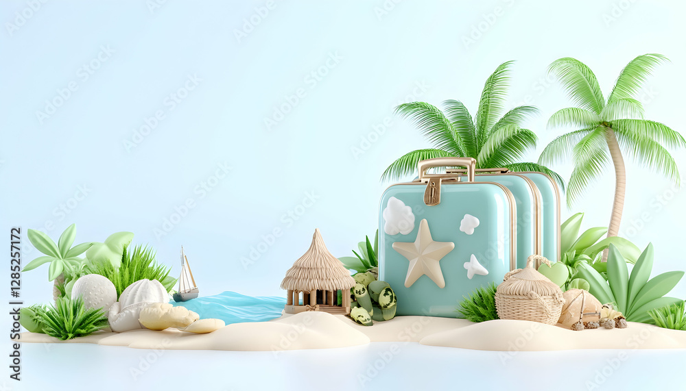 Obraz premium Tropical beach vacation suitcase, travel planning