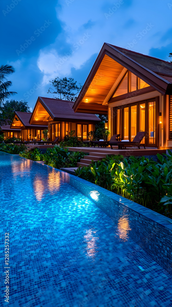 Tropical resort villas, twilight poolside Tropical resort villas, twilight poolside