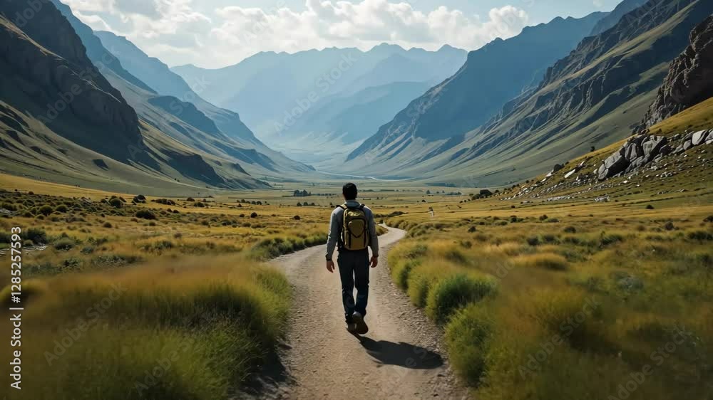 Lonely Man Walking in a Beautiful Valley – Serene Footage Capturing Solitary Stroll Amidst Breathtaking Nature Lonely Man Walking in a Beautiful Valley – Serene Footage Capturing Solitary Stroll Amidst Breathtaking Nature