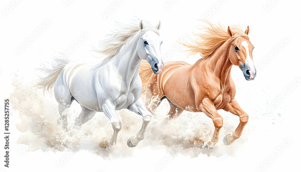 Obraz premium Two majestic horses galloping on sand, white background, art print