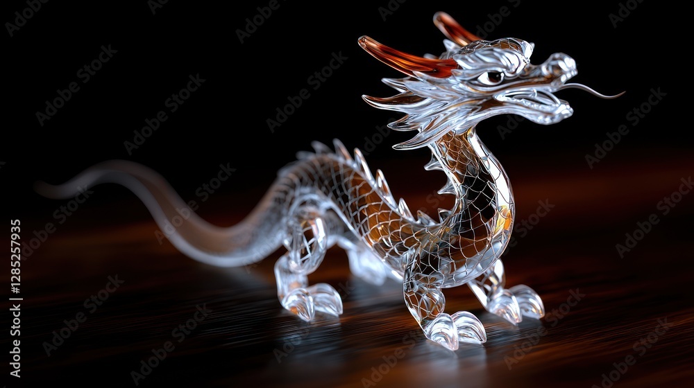 Fototapeta premium Intricate glass dragon sculpture with vibrant colors, showcasing craftsmanship on a dark wooden surface