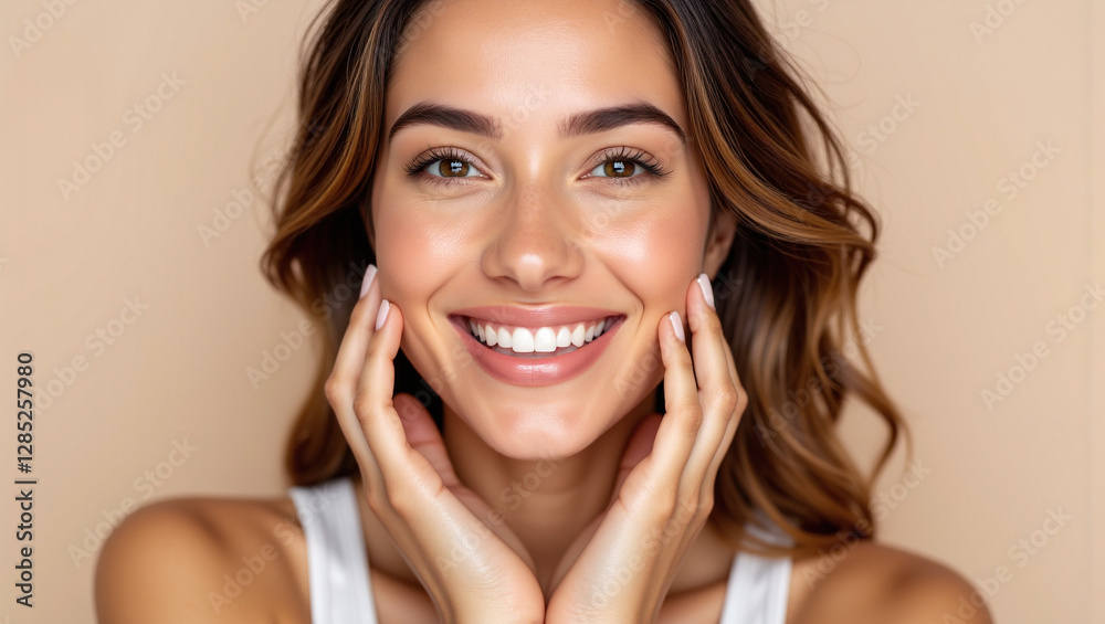 Fototapeta premium Happy Women's Day: Woman Smiling with Her Flawless Glow Skin.advertisement, banner, card,copy text space,birthday party invite invitation.