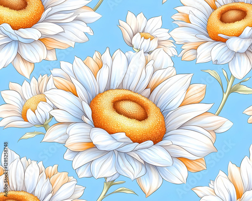 White sunflowers on blue, floral seamless pattern, textile design