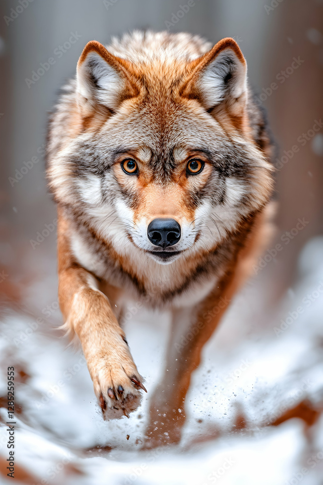 Obraz premium Wolf running through snowy forest, winter wildlife