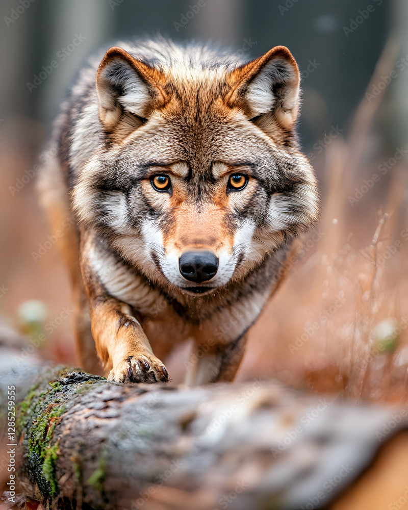 Fototapeta premium Wolf walking forest autumn nature wildlife