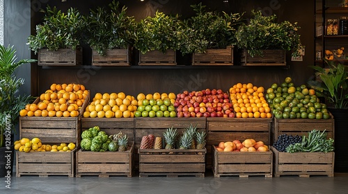 A fresh fruit display is set up in a warehouse with wooden crates.