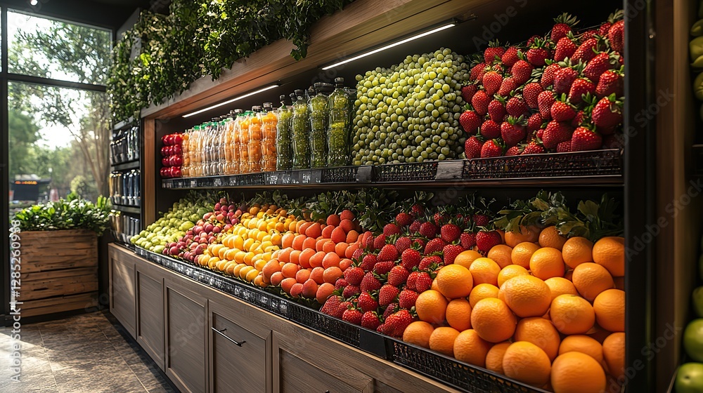 Obraz premium A fresh produce display features vibrant fruits like strawberries, grapes, and oranges, artfully arranged in a refrigerated section.