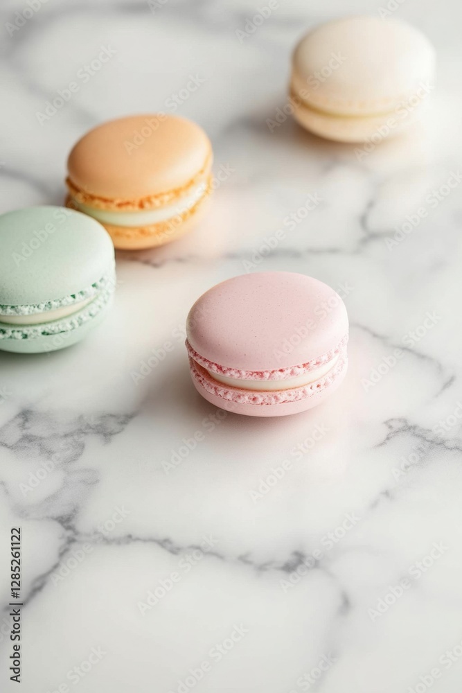 Obraz premium Pastel Macaron Harmony Artisan Confectionery Display on Chic Marble Surface - Elevate Dessert Branding and French Patisserie Appeal for Gourmet Promotions