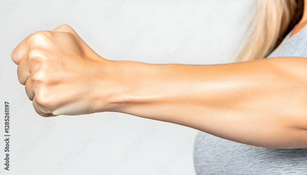 Woman's clenched fist, arm extended, studio shot Woman's clenched fist, arm extended, studio shot