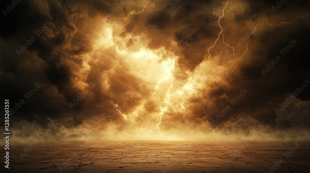 Dramatic Lightning Storm Over Barren Desert, showcasing the raw power of nature and the stark beauty of extreme weather in a desolate landscape