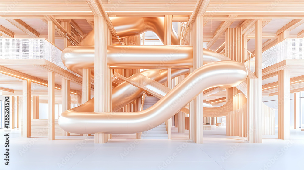 Wooden building interior with gold slides Wooden building interior with gold slides