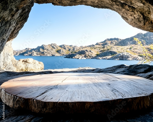 Wooden table in cave overlooking lake and mountains photo