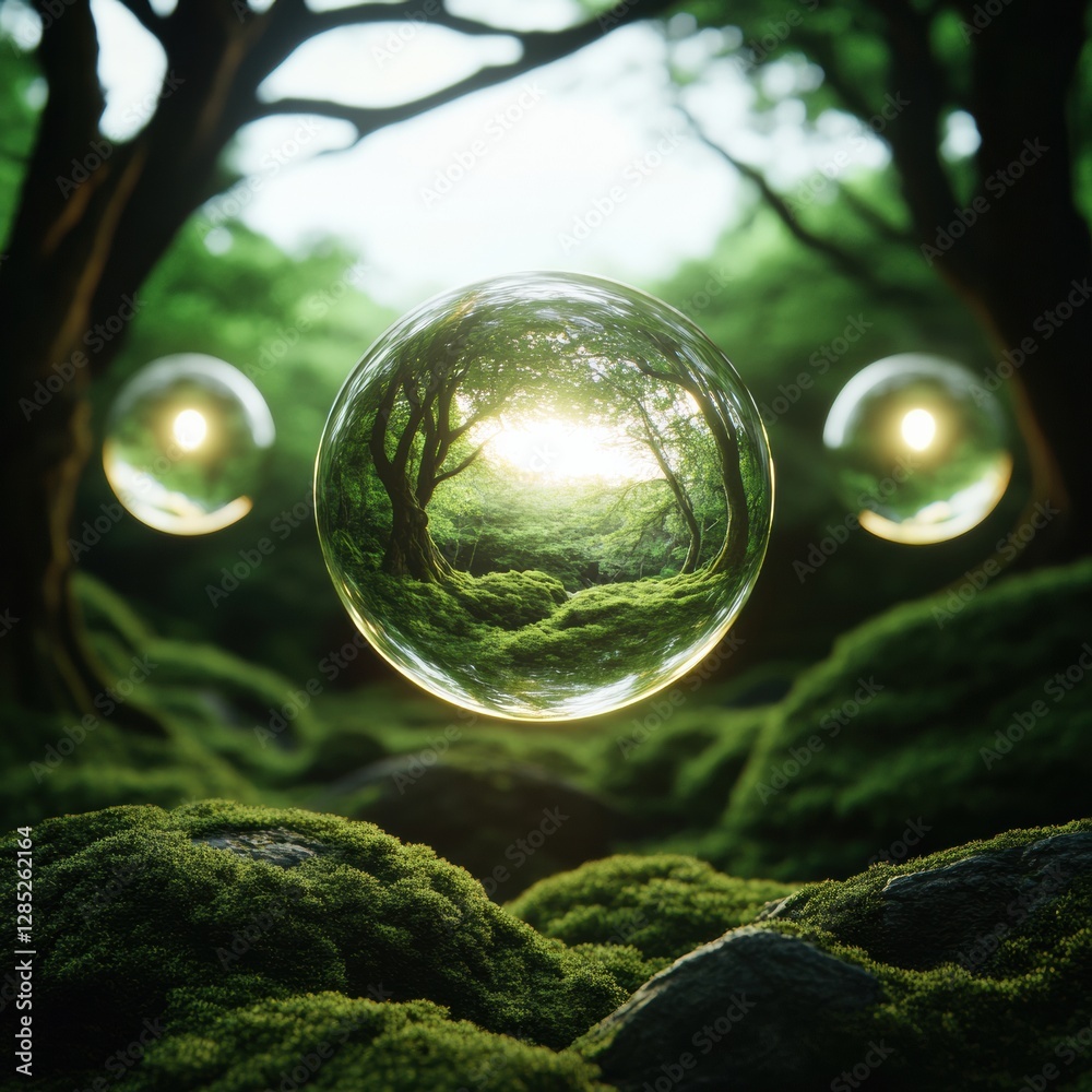 Mystical Forest Experience Luminescent Orbs Within Mossy Landscape for Fantasy Gaming Environments and Immersive Visual Storytelling in Creative Media Mystical Forest Experience Luminescent Orbs Within Mossy Landscape for Fantasy Gaming Environments and Immersive Visual Storytelling in Creative Media