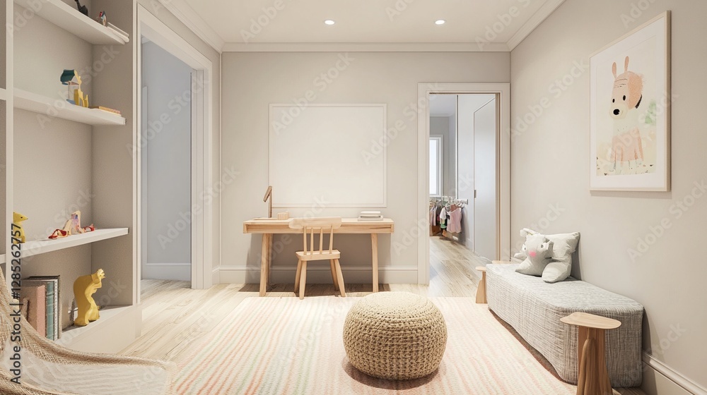 Fototapeta premium Charming Scandinavian-Inspired Playroom: Cozy Seating, Playful Animal Figurines, and Dreamy Pastel Tones - A Modern Child-Friendly Space with Ultra-Realistic 3D Illustration
