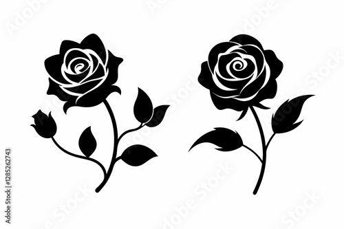 Set of decorative rose with leaves. Flower silhouette. Vector illustration