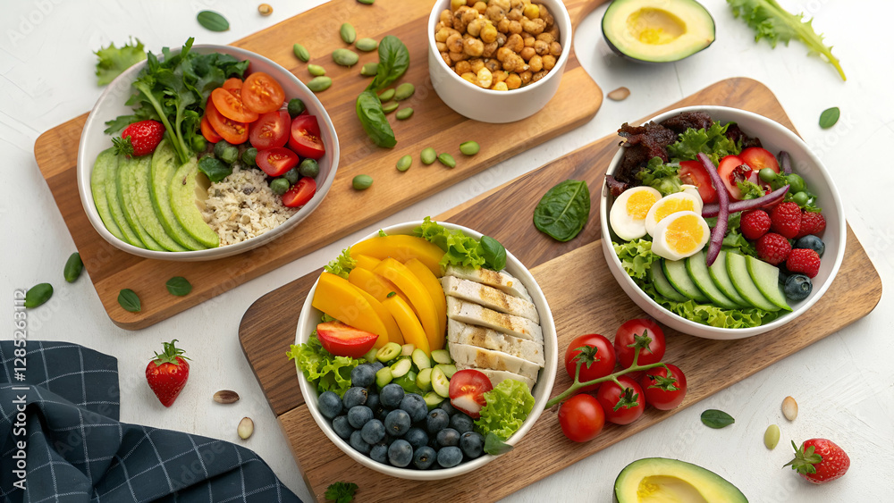 An assortment of healthy food dishes arranged in a visually appealing manner. An assortment of healthy food dishes arranged in a visually appealing manner.