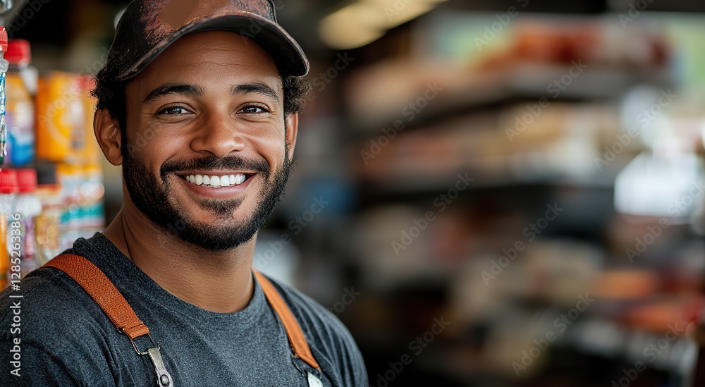Fototapeta premium A friendly convenience store employee smiles at the camera.
