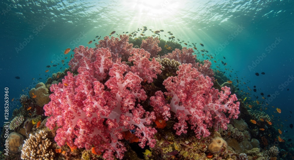 Obraz premium Vibrant Coral Reef Ecosystem with Sunlight Filtering Through Ocean Water