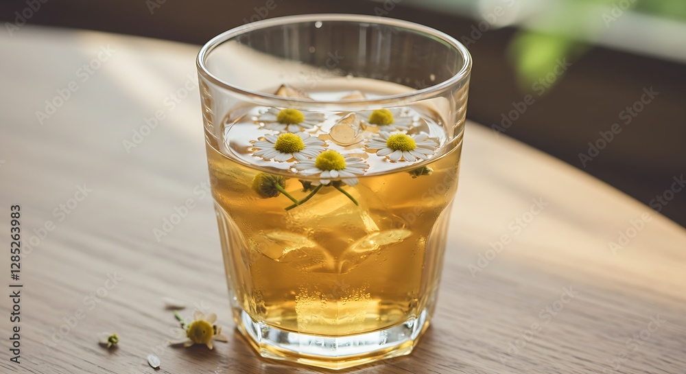 A refreshing iced herbal tea with chamomile flowers floating on top, served in a delicate glass cup. A refreshing iced herbal tea with chamomile flowers floating on top, served in a delicate glass cup.