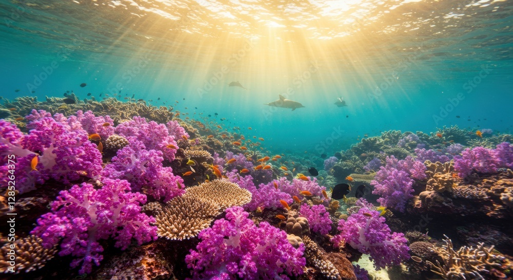 Obraz premium Vibrant Coral Reef with Marine Life and Sun Rays Underwater Scene