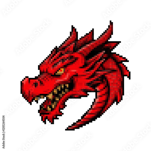 Pixel art of red dragon head icon. Pixelated dragon head.
