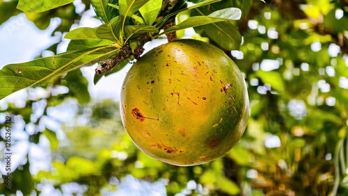 Calabash fruit hanging from a branch, showing off its bright color and texture. The fruit contains substances such as balsam oil, 2-furocoumarin-psoralen, and marmelosin.