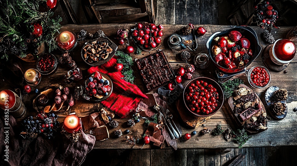 Naklejka premium Rustic Christmas table, food, candles, berries, overhead