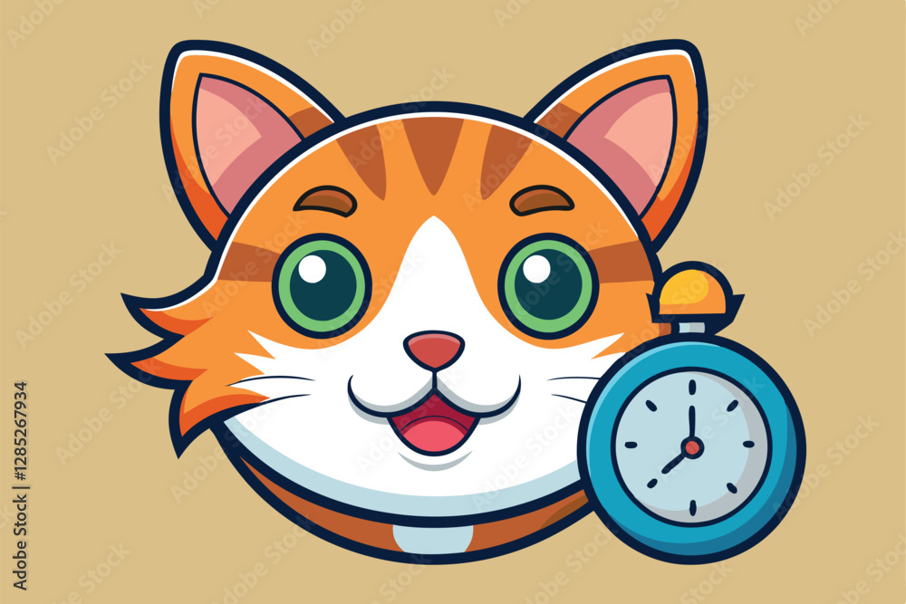 Obraz premium Cat Vector Head Face Alarm Clock Time Kitten Icon Calico Neko Pet Cartoon Character Munchkin Illustration Symbol Clip Art Isolated Design.