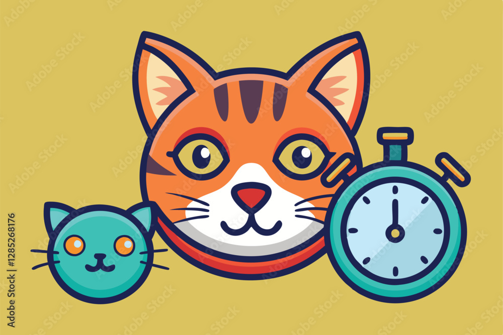 Obraz premium Cat Vector Head Face Alarm Clock Time Kitten Icon Calico Neko Pet Cartoon Character Munchkin Illustration Symbol Clip Art Isolated Design.