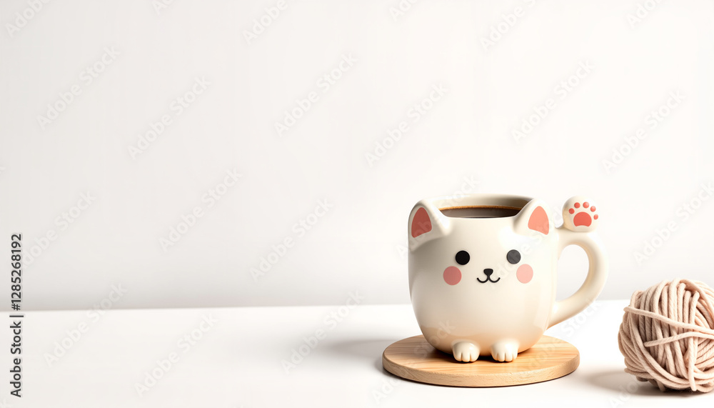 Fototapeta premium Cute cat-themed coffee mug with wooden coaster and ball of yarn on white background
