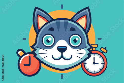 Cat Vector Head Face Alarm Clock Time Kitten Icon Calico Neko Pet Cartoon Character Munchkin Illustration Symbol Clip Art Isolated Design.