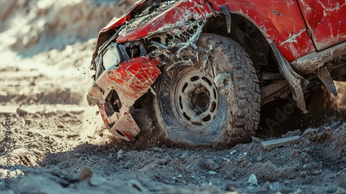 This close-up shot showcases a wrecked truck from the Dakar Rally, highlighting the damage sustained in a rugged desert environment. The image captures the harsh realities of off-road motorsport.