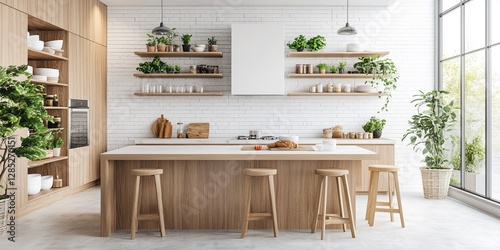 Discover the Charm of a Scandinavian Kitchen: Sustainable Design with Wood, White Brick, and Lush Indoor Plants for a Cozy Modern Living Space