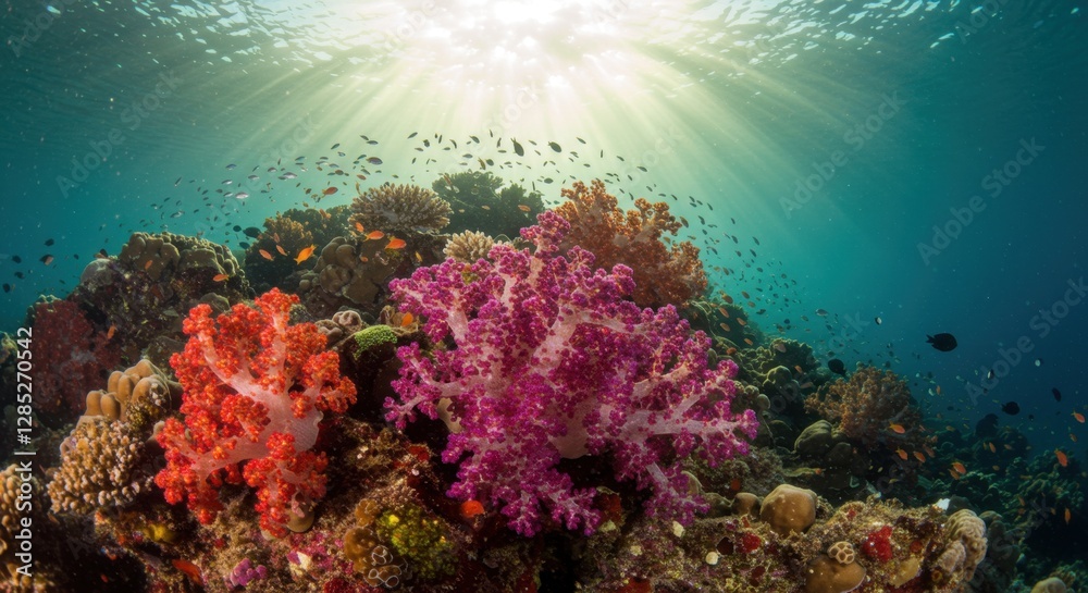 Obraz premium Colorful Coral Reef with Sunlight and Fish Swimming Underwater