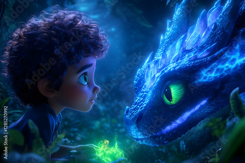 Boy meets glowing dragon in enchanted forest; fantasy film scene