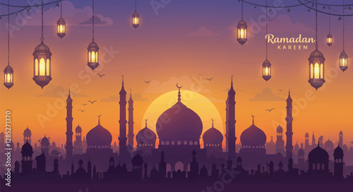 Islamic Skyline Sunset Illustration with Majestic Domes and Minarets