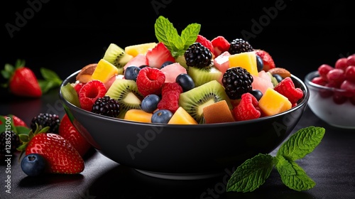Salad with fresh fruits in black bowl on wooden table