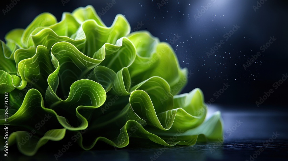 Obraz premium Close-up view of vibrant green lettuce with intricate ruffled leaves, softly illuminated