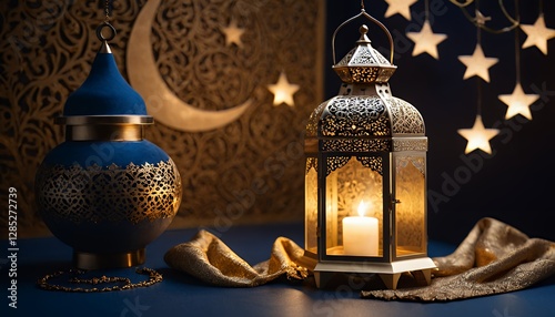 Ramadan Kareem promotional poster with a deep blue background, golden Islamic patterns, and a beautifully designed mosque silhouette.