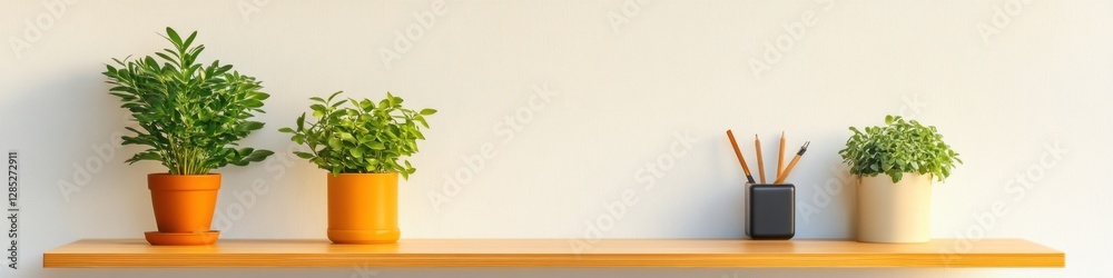 Fototapeta premium Contemporary Minimalist Desk Setup with Wireless Accessories and Potted Plants on Wood Shelf - Interior Design Showcase for Modern Workspace Optimization and Minimal Aesthetic