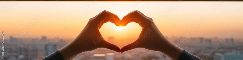 Fototapeta premium Urban Mindfulness Gesture Serene Heart Shape Silhouette Against Sunrise Over Cityscape - Contemporary Wellness Content and Self-Care Messaging for Modern Lifestyle Promotion