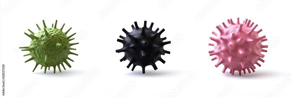 Stunning 3D Medical Render of Isolated Virus Models: Capture the Detail of Jagged Green, Sleek Black, and Spiky Pink Microorganisms for Your Next Project Stunning 3D Medical Render of Isolated Virus Models: Capture the Detail of Jagged Green, Sleek Black, and Spiky Pink Microorganisms for Your Next Project
