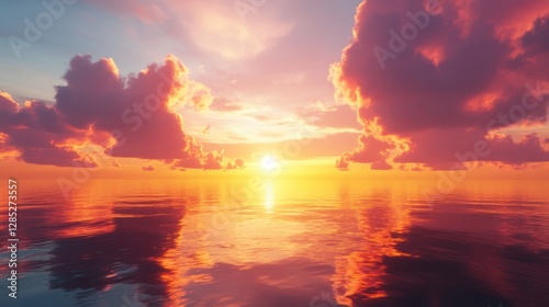 Stunning Sunset Over Calm Ocean with Colorful Clouds Reflected in Water