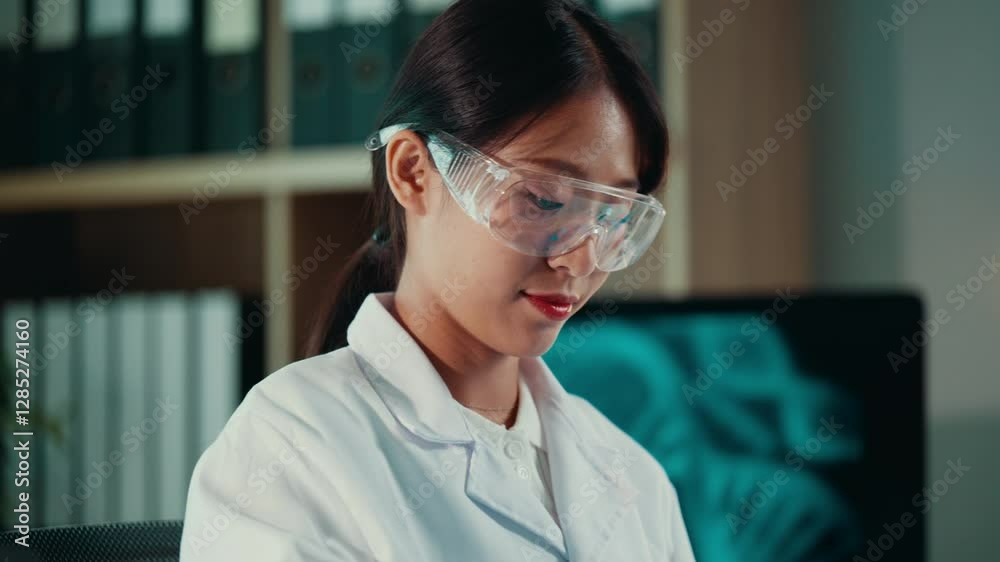 Young female scientist wearing lab coat and protective glasses carefully using micropipette, transferring liquid into test tubes in advanced laboratory setting Young female scientist wearing lab coat and protective glasses carefully using micropipette, transferring liquid into test tubes in advanced laboratory setting