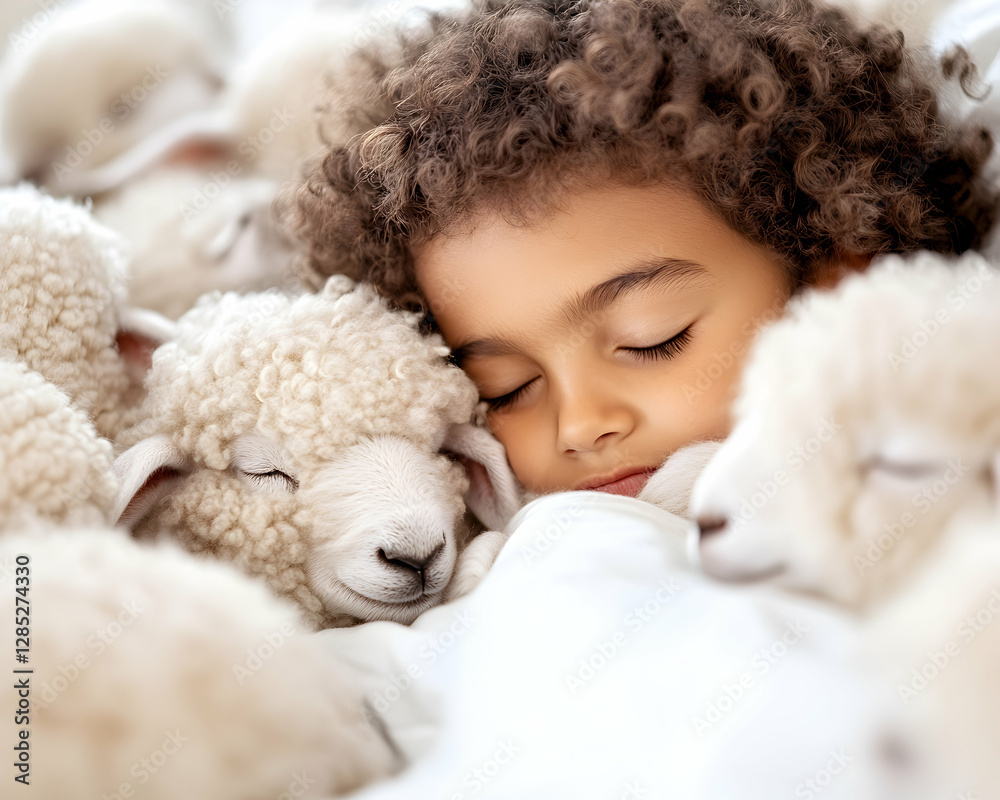 Child peacefully sleeping amidst fluffy lambs in bed Child peacefully sleeping amidst fluffy lambs in bed