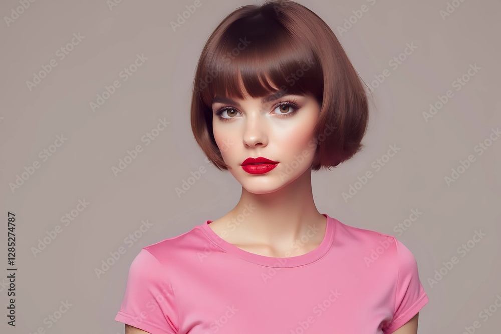 Fashionable girl with red lipstick and short hair and dressed in a pink T-shirt with copy space Fashionable girl with red lipstick and short hair and dressed in a pink T-shirt with copy space