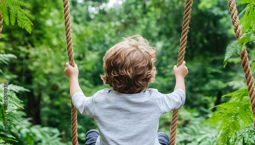 Child swinging in lush garden, nature background, carefree playtime, stock photo Child swinging in lush garden, nature background, carefree playtime, stock photo