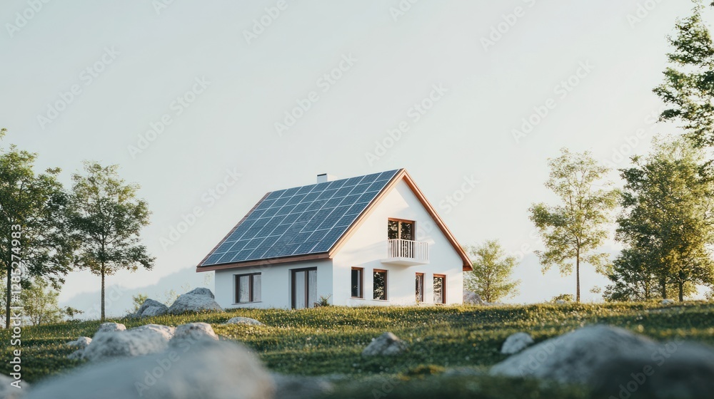 Modern house with solar panels on grassy hill, surrounded by trees and rocks. Modern house with solar panels on grassy hill, surrounded by trees and rocks.