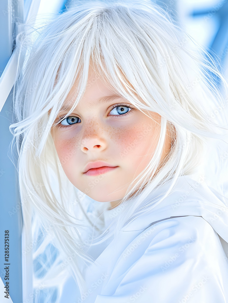 Child with white hair, outdoors, serene pose, coastal background; portrait Child with white hair, outdoors, serene pose, coastal background; portrait