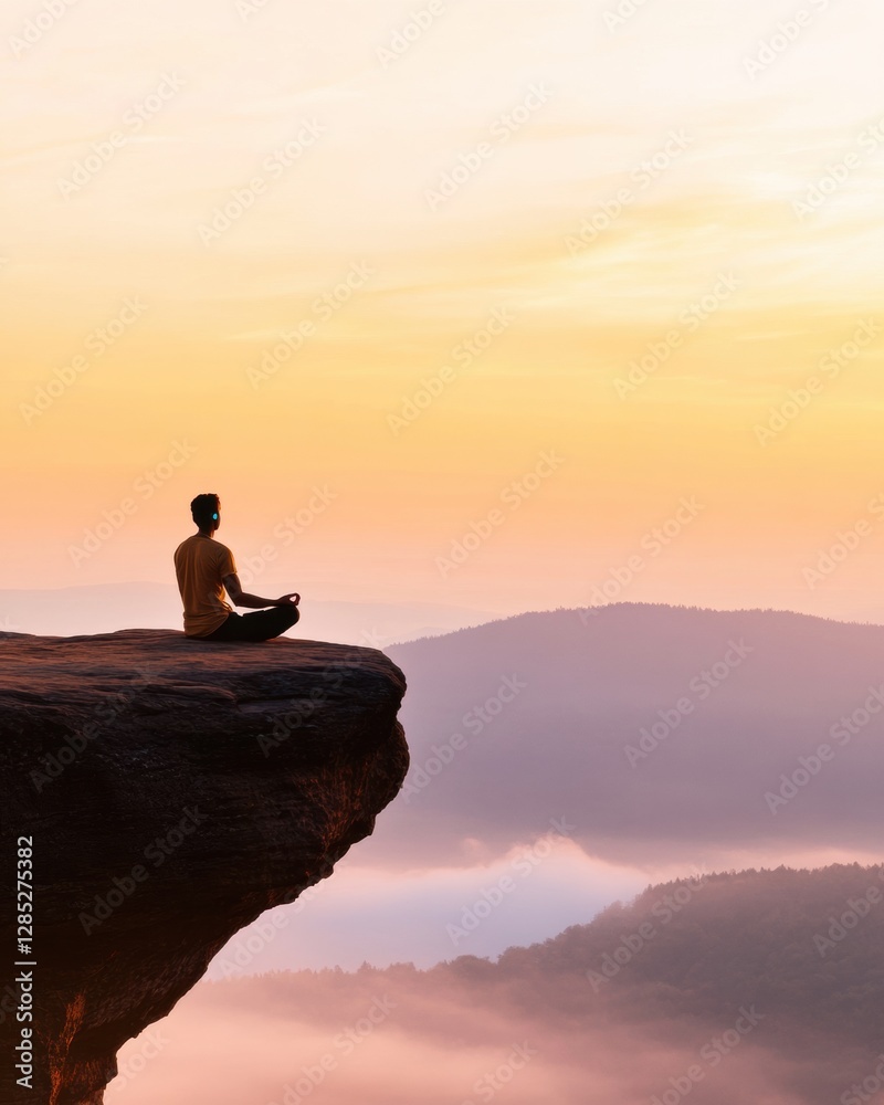 Mindful Serenity in Nature Indian Yogi with Hearing Aid Meditating on Cliff at Dawn - Wellness Retreat Visual Content and Sustainable Tourism Marketing